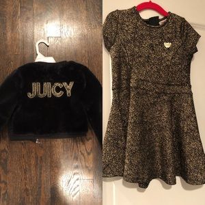 Faux fur short black Juicy jacket and gold and black Juicy dress